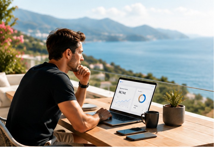 Digital entrepreneur working from a laptop overlooking the sea